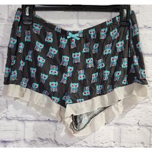 Kensie Black Blue Owl Print Lace Trim Hem Pull On Sleep Shorts Medium Soft